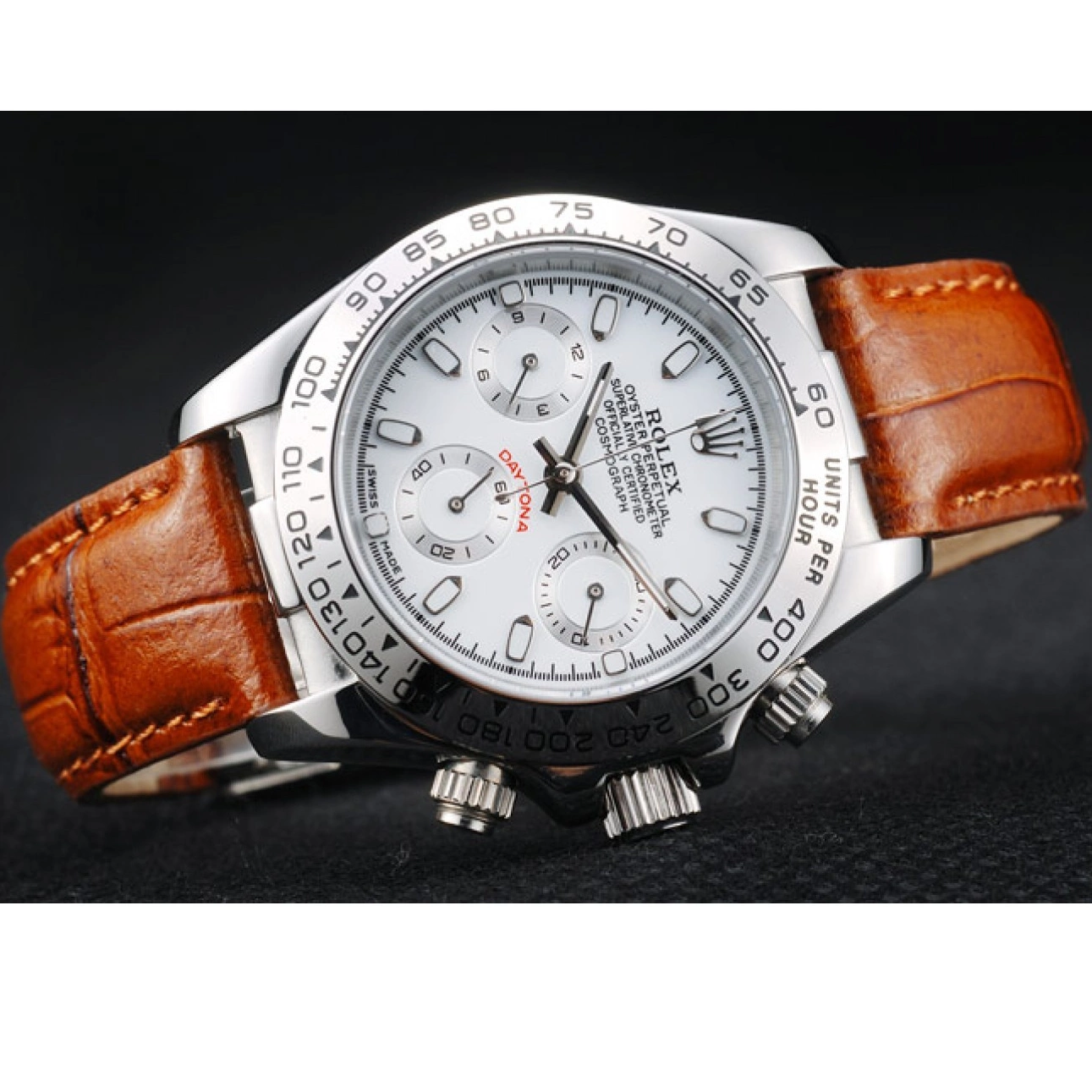 Rolex aaa copy Lady Dial Tachymeter Rolex Strap Daytona Case Brown Steel Leather Stainless White 0711